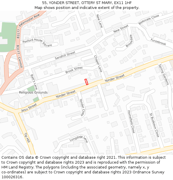 55, YONDER STREET, OTTERY ST MARY, EX11 1HF: Location map and indicative extent of plot