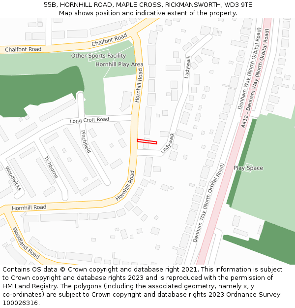 55B, HORNHILL ROAD, MAPLE CROSS, RICKMANSWORTH, WD3 9TE: Location map and indicative extent of plot