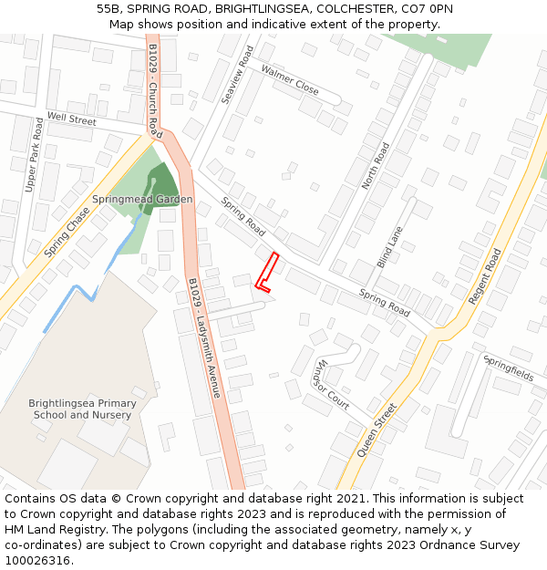 55B, SPRING ROAD, BRIGHTLINGSEA, COLCHESTER, CO7 0PN: Location map and indicative extent of plot