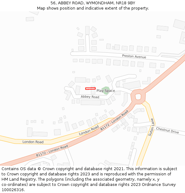 56, ABBEY ROAD, WYMONDHAM, NR18 9BY: Location map and indicative extent of plot