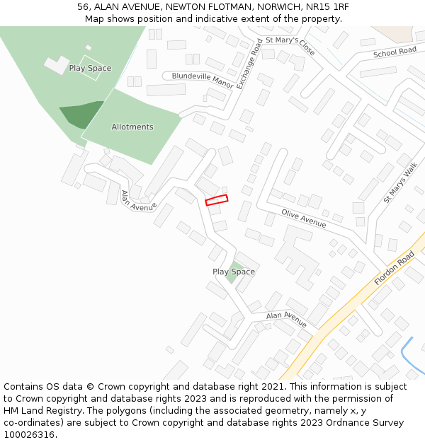 56, ALAN AVENUE, NEWTON FLOTMAN, NORWICH, NR15 1RF: Location map and indicative extent of plot