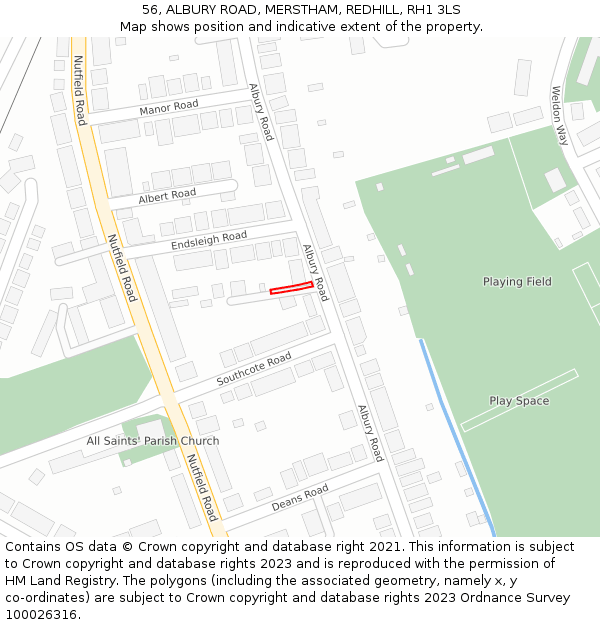 56, ALBURY ROAD, MERSTHAM, REDHILL, RH1 3LS: Location map and indicative extent of plot