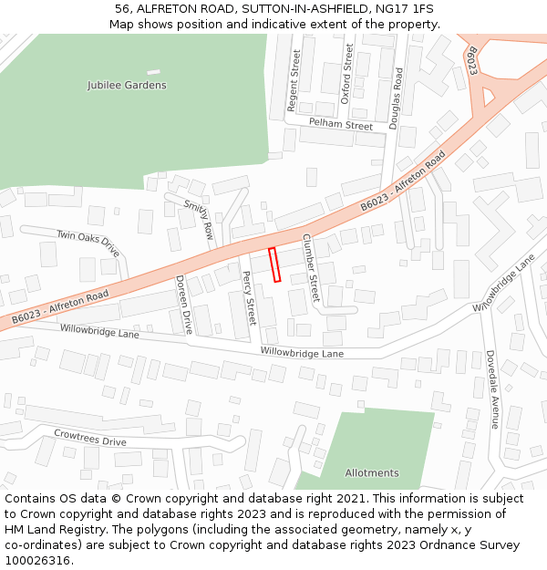 56, ALFRETON ROAD, SUTTON-IN-ASHFIELD, NG17 1FS: Location map and indicative extent of plot