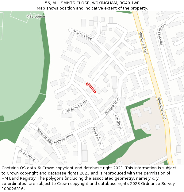 56, ALL SAINTS CLOSE, WOKINGHAM, RG40 1WE: Location map and indicative extent of plot