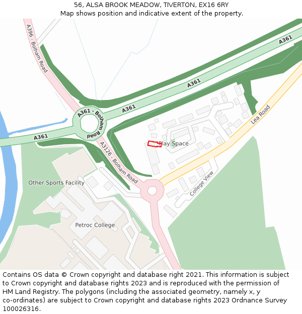 56, ALSA BROOK MEADOW, TIVERTON, EX16 6RY: Location map and indicative extent of plot