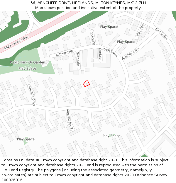 56, ARNCLIFFE DRIVE, HEELANDS, MILTON KEYNES, MK13 7LH: Location map and indicative extent of plot
