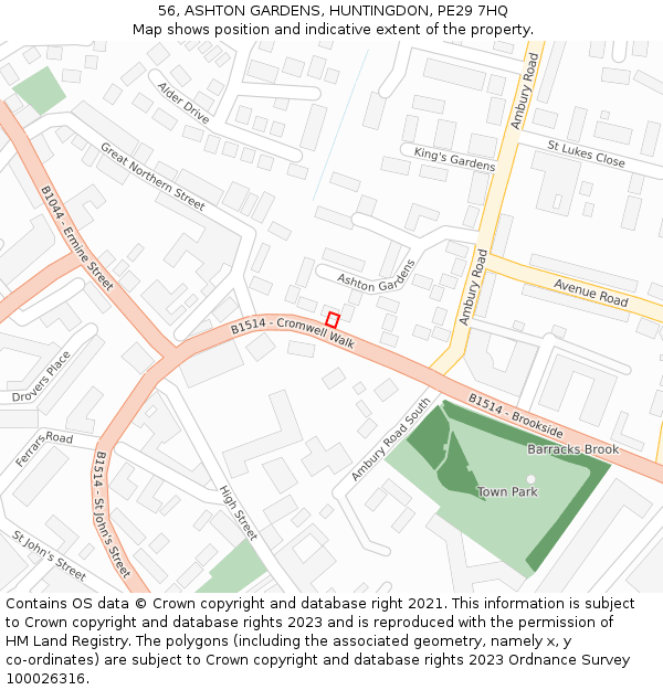 56, ASHTON GARDENS, HUNTINGDON, PE29 7HQ: Location map and indicative extent of plot