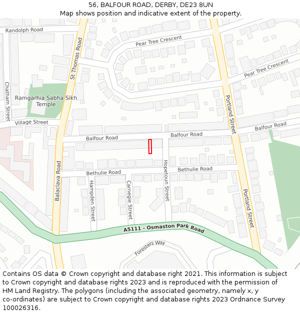 56, BALFOUR ROAD, DERBY, DE23 8UN: Location map and indicative extent of plot