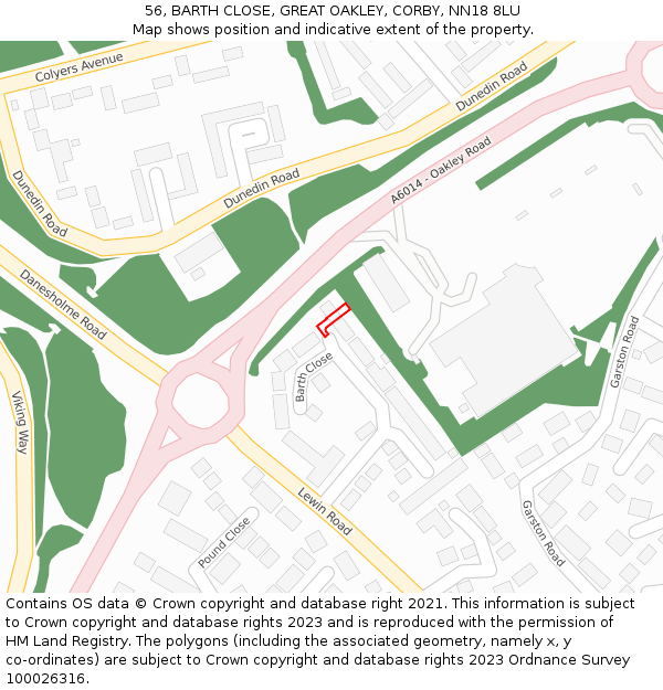 56, BARTH CLOSE, GREAT OAKLEY, CORBY, NN18 8LU: Location map and indicative extent of plot