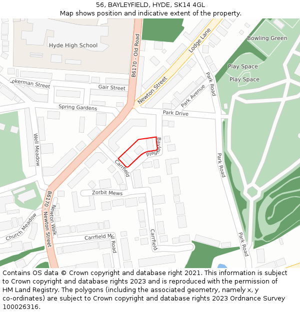 56, BAYLEYFIELD, HYDE, SK14 4GL: Location map and indicative extent of plot