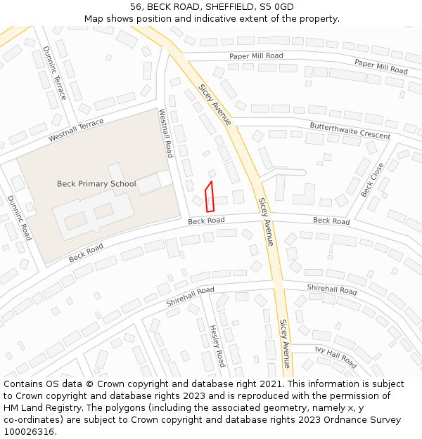 56, BECK ROAD, SHEFFIELD, S5 0GD: Location map and indicative extent of plot