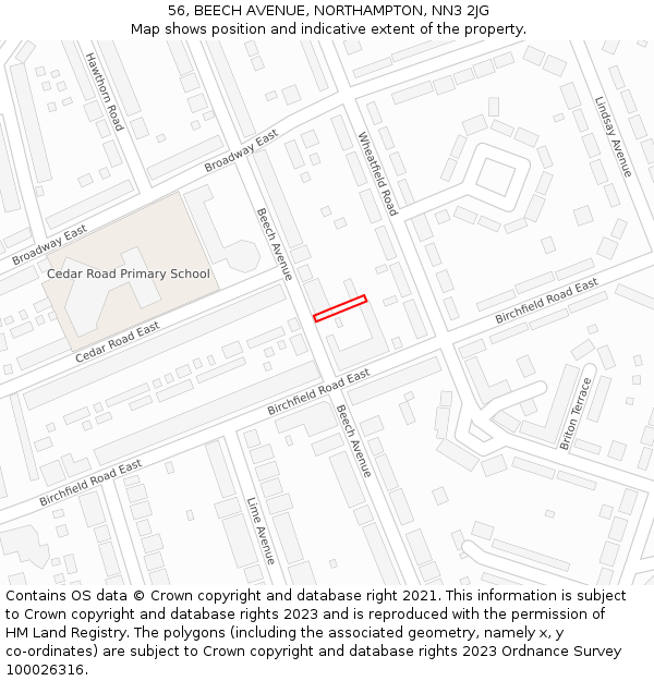 56, BEECH AVENUE, NORTHAMPTON, NN3 2JG: Location map and indicative extent of plot