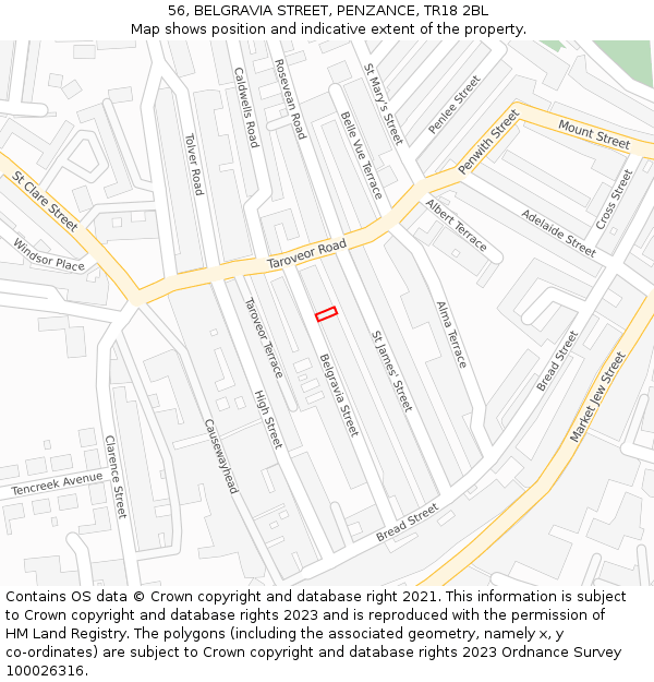 56, BELGRAVIA STREET, PENZANCE, TR18 2BL: Location map and indicative extent of plot