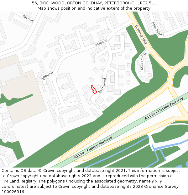 56, BIRCHWOOD, ORTON GOLDHAY, PETERBOROUGH, PE2 5UL: Location map and indicative extent of plot