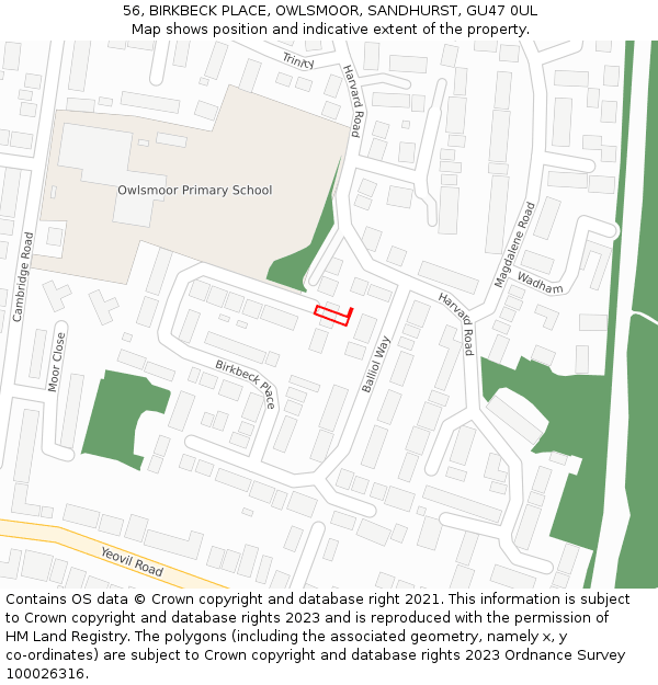 56, BIRKBECK PLACE, OWLSMOOR, SANDHURST, GU47 0UL: Location map and indicative extent of plot