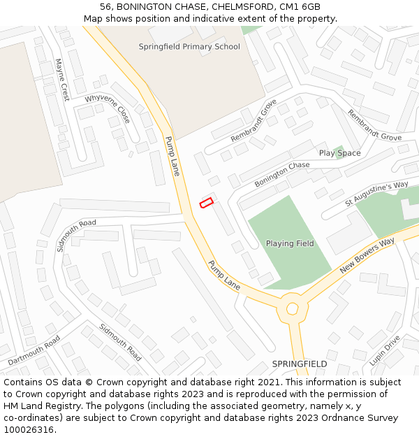 56, BONINGTON CHASE, CHELMSFORD, CM1 6GB: Location map and indicative extent of plot