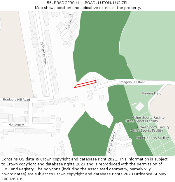56, BRADGERS HILL ROAD, LUTON, LU2 7EL: Location map and indicative extent of plot