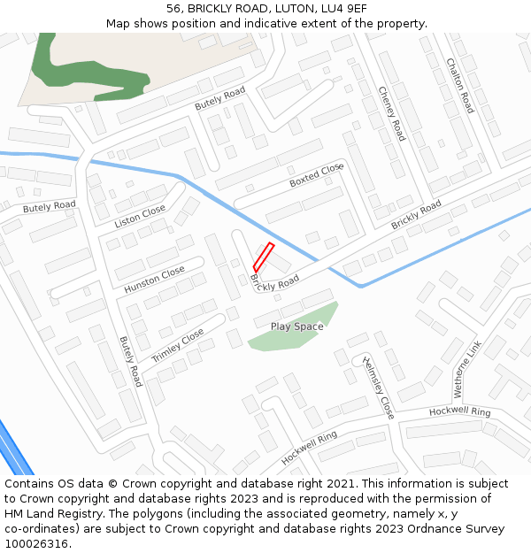 56, BRICKLY ROAD, LUTON, LU4 9EF: Location map and indicative extent of plot