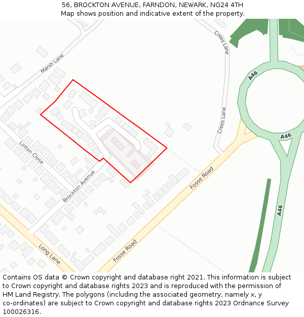 56, BROCKTON AVENUE, FARNDON, NEWARK, NG24 4TH: Location map and indicative extent of plot