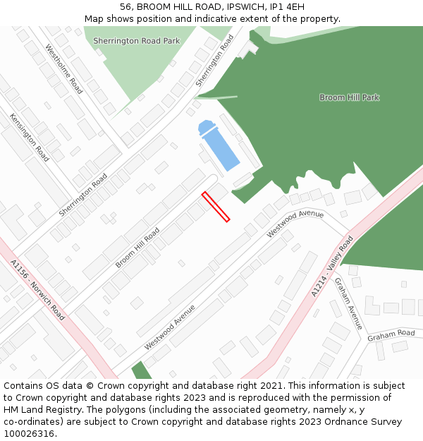 56, BROOM HILL ROAD, IPSWICH, IP1 4EH: Location map and indicative extent of plot