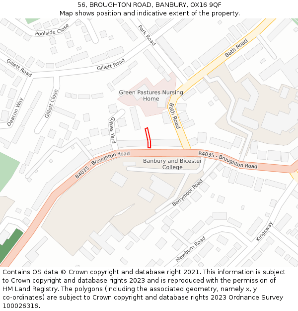 56, BROUGHTON ROAD, BANBURY, OX16 9QF: Location map and indicative extent of plot