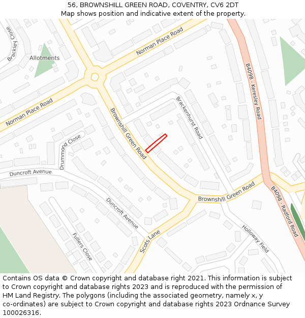 56, BROWNSHILL GREEN ROAD, COVENTRY, CV6 2DT: Location map and indicative extent of plot