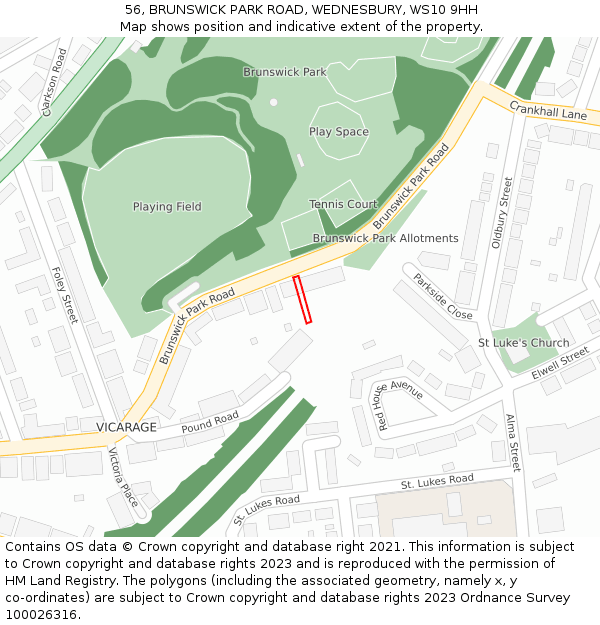 56, BRUNSWICK PARK ROAD, WEDNESBURY, WS10 9HH: Location map and indicative extent of plot