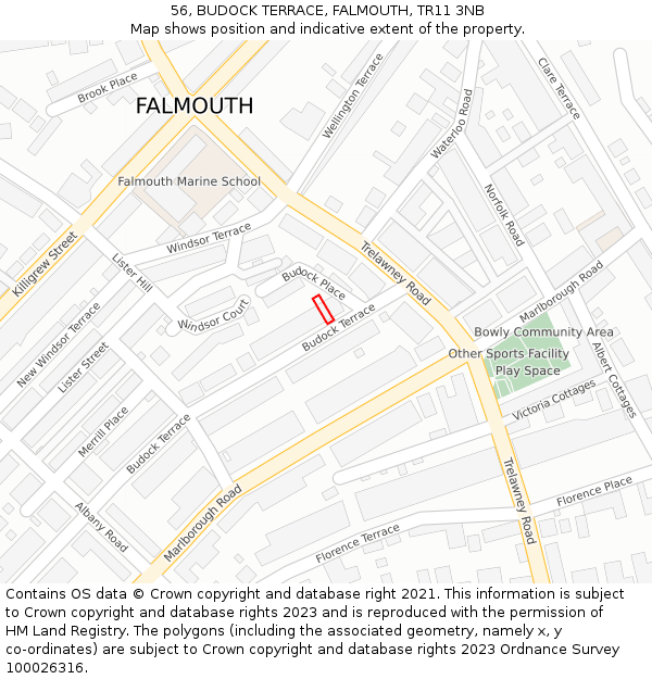 56, BUDOCK TERRACE, FALMOUTH, TR11 3NB: Location map and indicative extent of plot