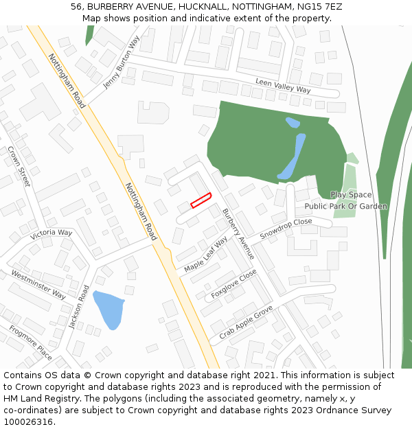 56, BURBERRY AVENUE, HUCKNALL, NOTTINGHAM, NG15 7EZ: Location map and indicative extent of plot