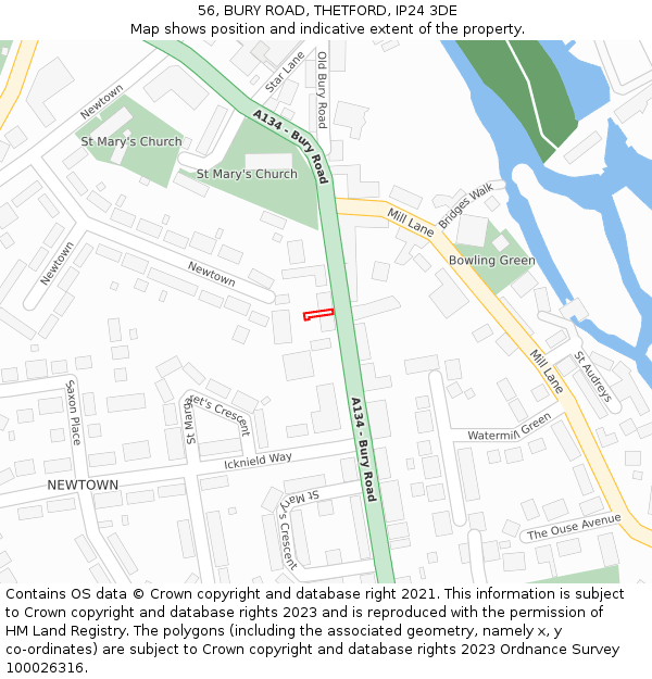 56, BURY ROAD, THETFORD, IP24 3DE: Location map and indicative extent of plot
