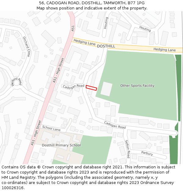 56, CADOGAN ROAD, DOSTHILL, TAMWORTH, B77 1PG: Location map and indicative extent of plot