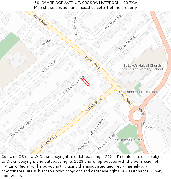 56, CAMBRIDGE AVENUE, CROSBY, LIVERPOOL, L23 7XW: Location map and indicative extent of plot