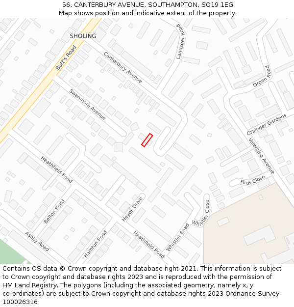 56, CANTERBURY AVENUE, SOUTHAMPTON, SO19 1EG: Location map and indicative extent of plot