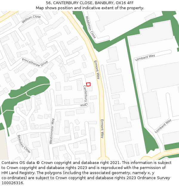56, CANTERBURY CLOSE, BANBURY, OX16 4FF: Location map and indicative extent of plot