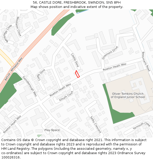 56, CASTLE DORE, FRESHBROOK, SWINDON, SN5 8PH: Location map and indicative extent of plot
