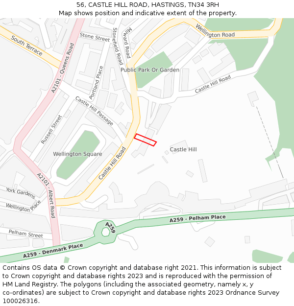56, CASTLE HILL ROAD, HASTINGS, TN34 3RH: Location map and indicative extent of plot