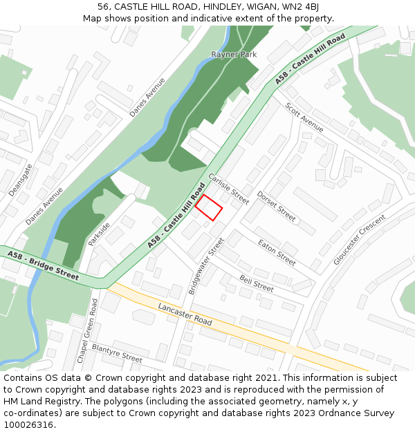 56, CASTLE HILL ROAD, HINDLEY, WIGAN, WN2 4BJ: Location map and indicative extent of plot