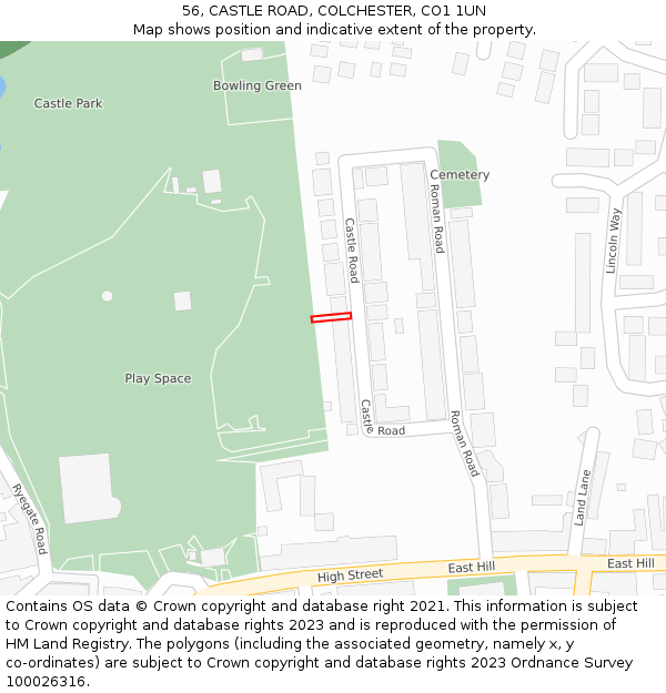 56, CASTLE ROAD, COLCHESTER, CO1 1UN: Location map and indicative extent of plot