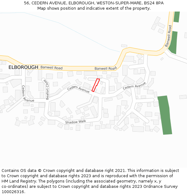 56, CEDERN AVENUE, ELBOROUGH, WESTON-SUPER-MARE, BS24 8PA: Location map and indicative extent of plot