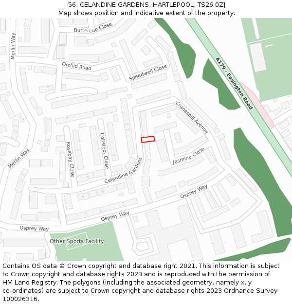 56, CELANDINE GARDENS, HARTLEPOOL, TS26 0ZJ: Location map and indicative extent of plot
