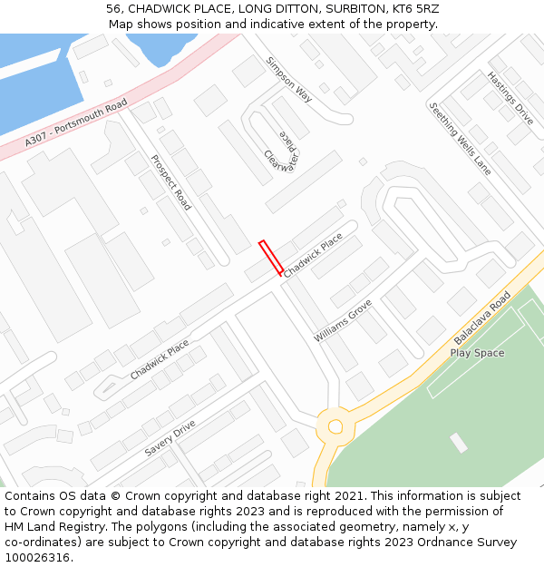 56, CHADWICK PLACE, LONG DITTON, SURBITON, KT6 5RZ: Location map and indicative extent of plot
