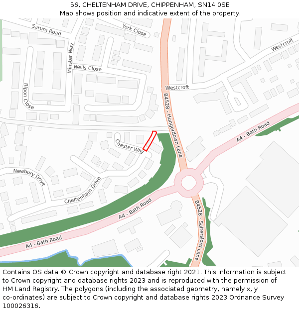 56, CHELTENHAM DRIVE, CHIPPENHAM, SN14 0SE: Location map and indicative extent of plot