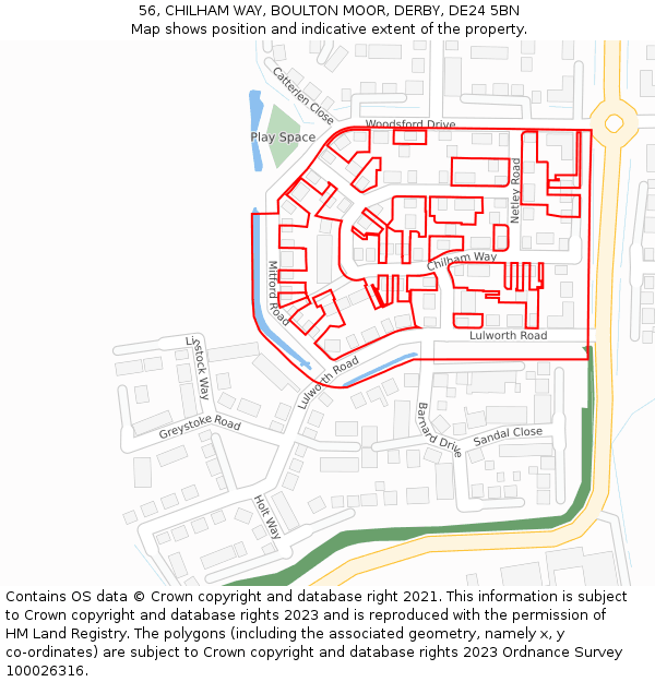 56, CHILHAM WAY, BOULTON MOOR, DERBY, DE24 5BN: Location map and indicative extent of plot