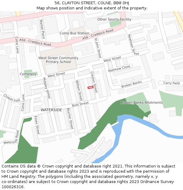 56, CLAYTON STREET, COLNE, BB8 0HJ: Location map and indicative extent of plot