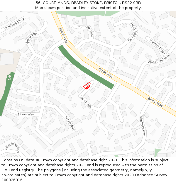 56, COURTLANDS, BRADLEY STOKE, BRISTOL, BS32 9BB: Location map and indicative extent of plot