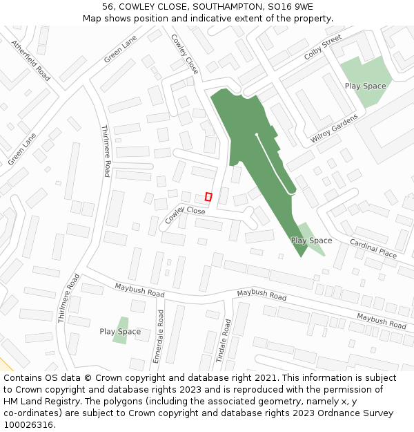 56, COWLEY CLOSE, SOUTHAMPTON, SO16 9WE: Location map and indicative extent of plot