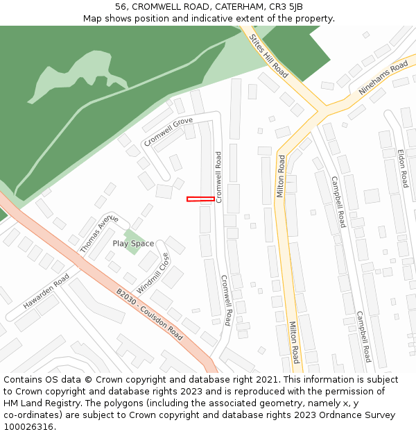 56, CROMWELL ROAD, CATERHAM, CR3 5JB: Location map and indicative extent of plot
