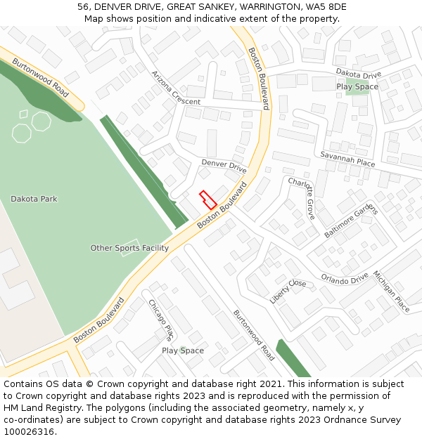 56, DENVER DRIVE, GREAT SANKEY, WARRINGTON, WA5 8DE: Location map and indicative extent of plot