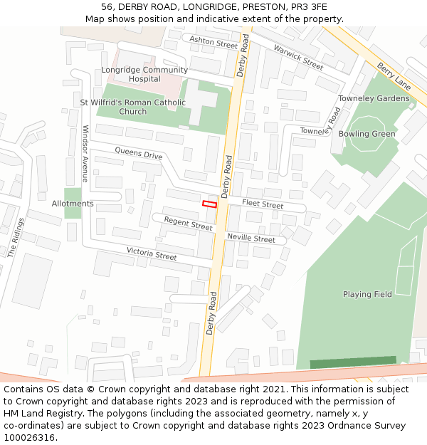 56, DERBY ROAD, LONGRIDGE, PRESTON, PR3 3FE: Location map and indicative extent of plot