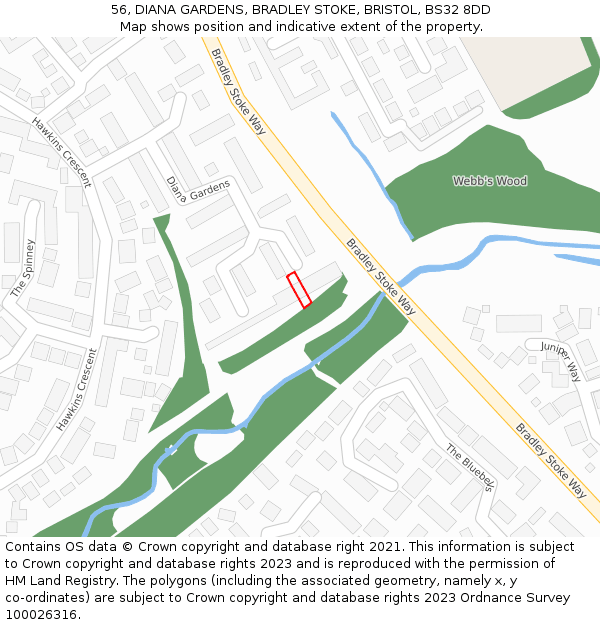 56, DIANA GARDENS, BRADLEY STOKE, BRISTOL, BS32 8DD: Location map and indicative extent of plot